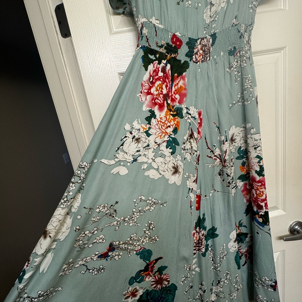 Pistachio color summer dress with flowers. Tiny buttons- elastic loop closures.